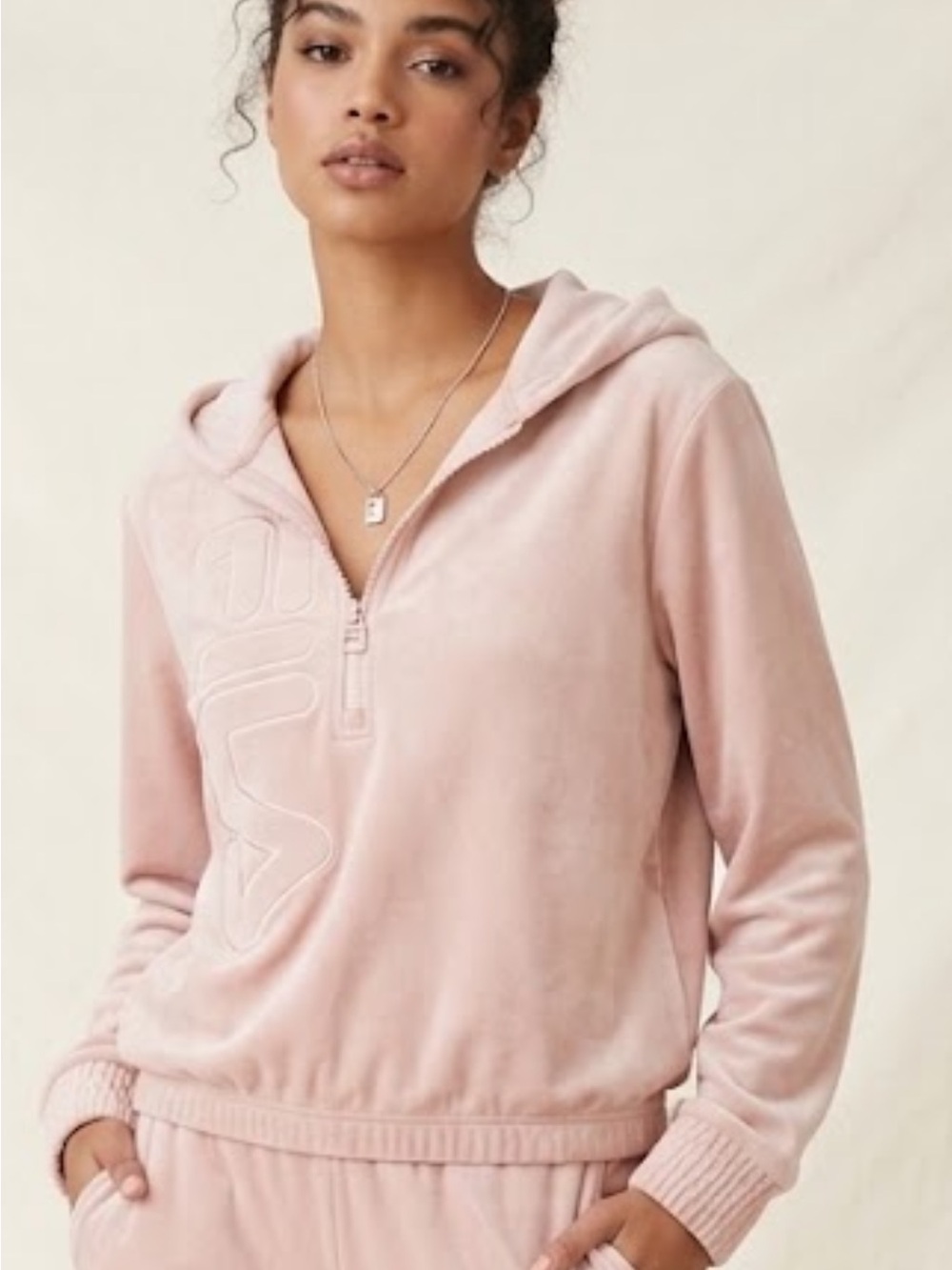 FILA soft Velour Quarter-Zip Hoodie light Pink Casual athleisure sweatshirt M